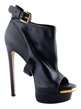 DSQUARED Black Leather Peep-Toe High Heel Booties Size 39